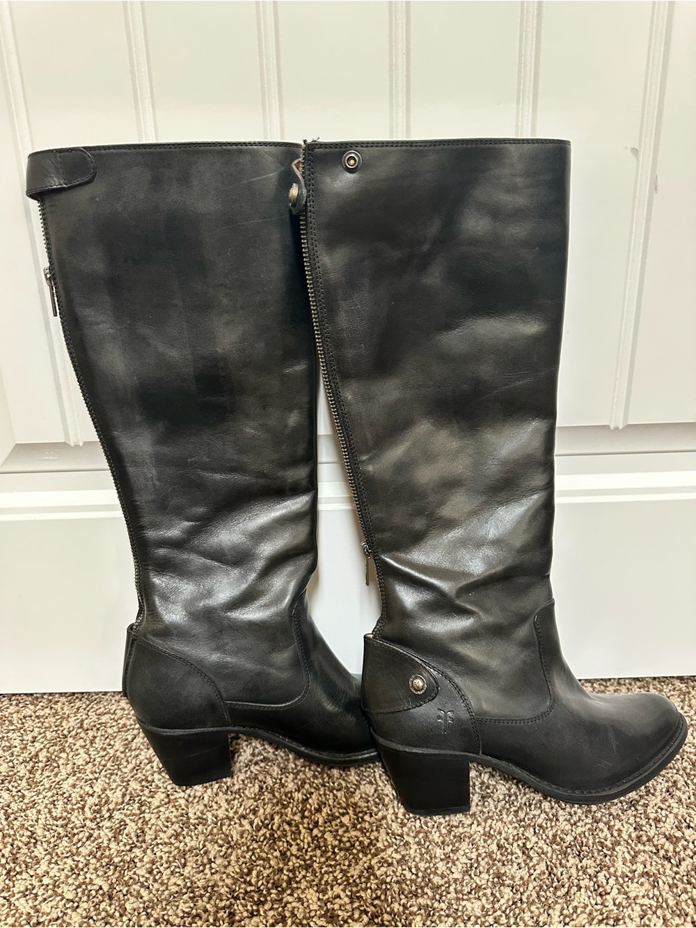Frye Black Leather Mid-Heel Knee Boots